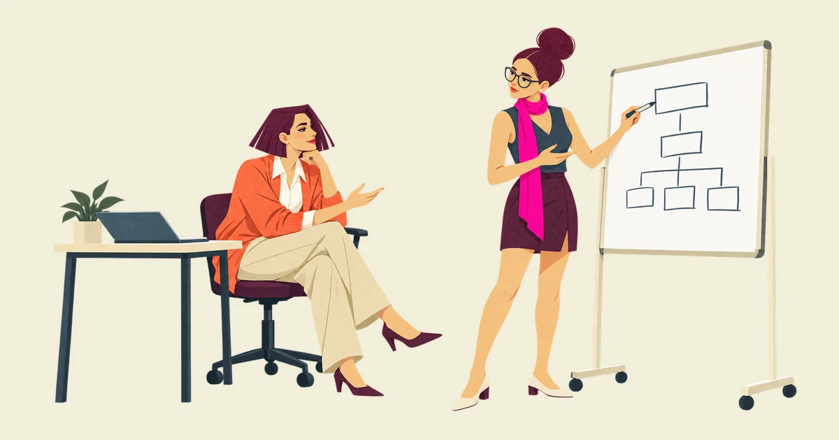 Noor explains a diagram on a whiteboard while Mira asks a question from her desk.