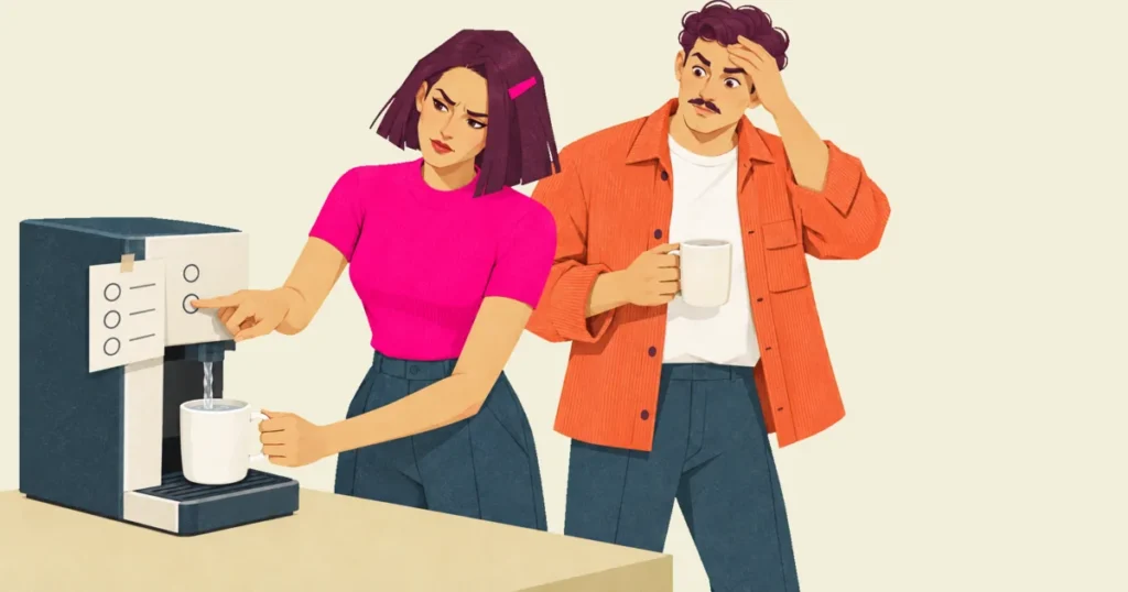 Mira holds a white mug under the spout of a coffee machine while pressing a round button beside a taped instruction card, as Ivo watches with one hand on his forehead.