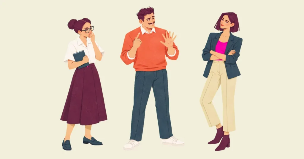 Noor, Ivo and Mira stand in a loose row as Ivo, one finger raised and the other hand spread wide, owns up to how many changes he has waiting; Noor covers her mouth and Mira folds her arms with a smile.