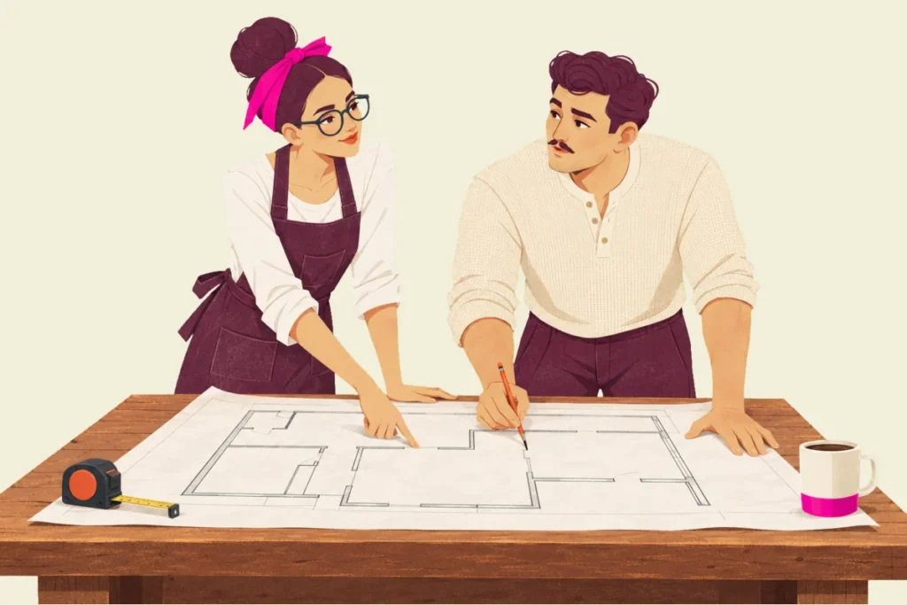 Illustration of Noor and Ivo leaning over a large floor plan on a wooden workbench, Ivo holding a pencil on a wall line while Noor points to a spot just beside it and looks at him, a tape measure and a mug at the edges.