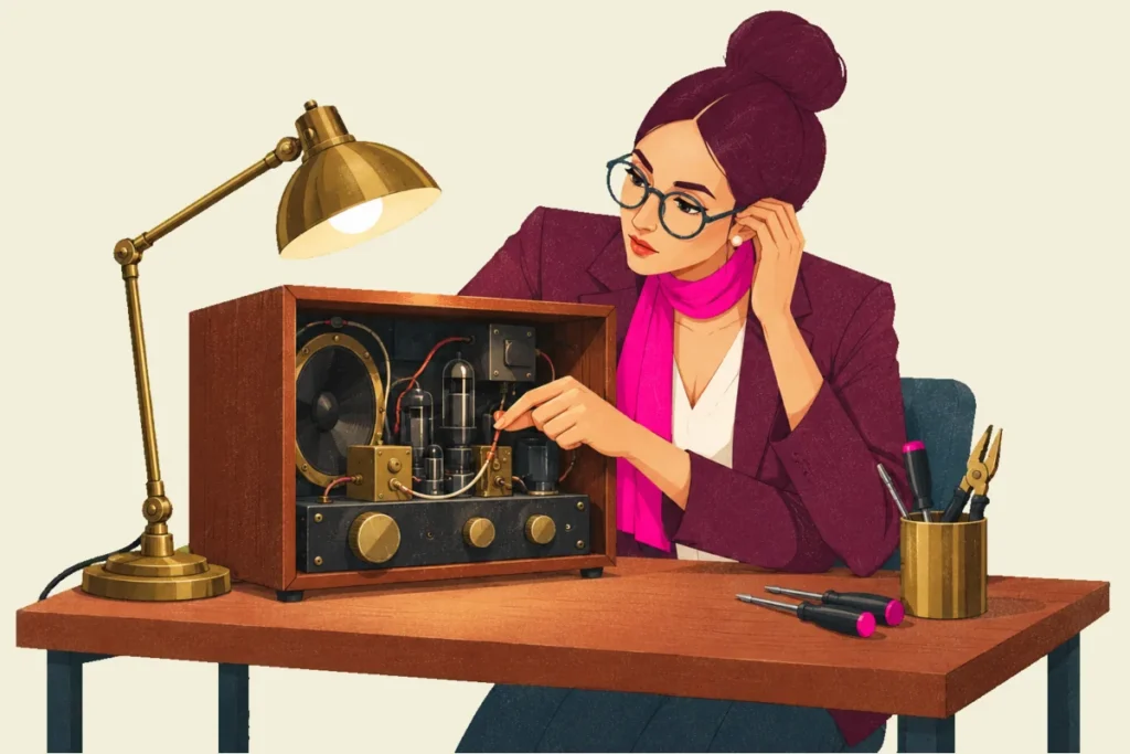 Noor presses a loose wire inside an open radio while listening closely.