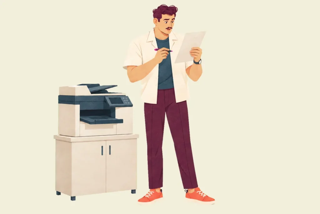 Illustration of Ivo standing beside an office printer, a printed sheet in one hand and a pen in the other, eyebrows raised as he reads it.