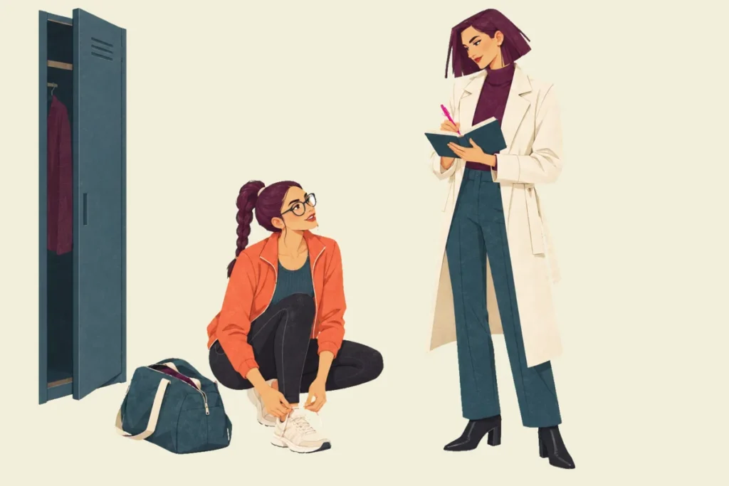 Illustration of Noor crouched tying her trainer beside a sports bag and an open locker, looking up at Mira, who stands writing in a small notebook with a pink pen.