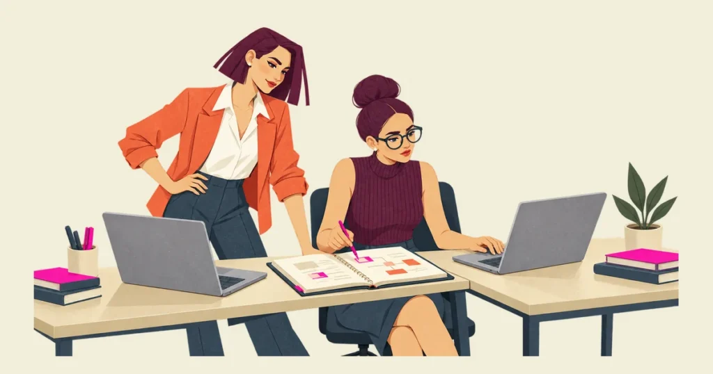Mira and Noor compare work across two laptops while Noor marks an open notebook at their desks.