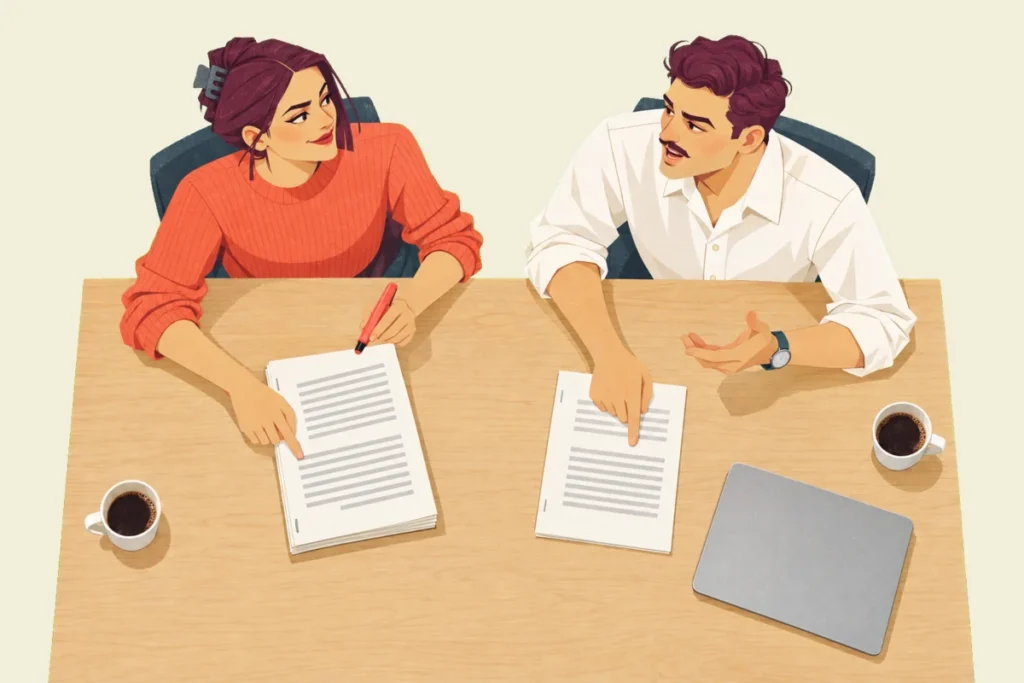 Illustration seen from above of Mira and Ivo at a meeting table, each pressing a finger to a line in a different printed instruction document and looking up at each other in amused disagreement.