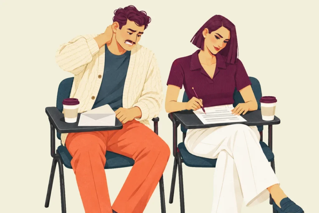 Illustration of Ivo and Mira seated side by side in chairs with fold-down writing tablets, an opened envelope and a takeaway cup on Ivo's tablet, Mira resting her pen on a lined sheet while Ivo rubs his neck and winces at it.