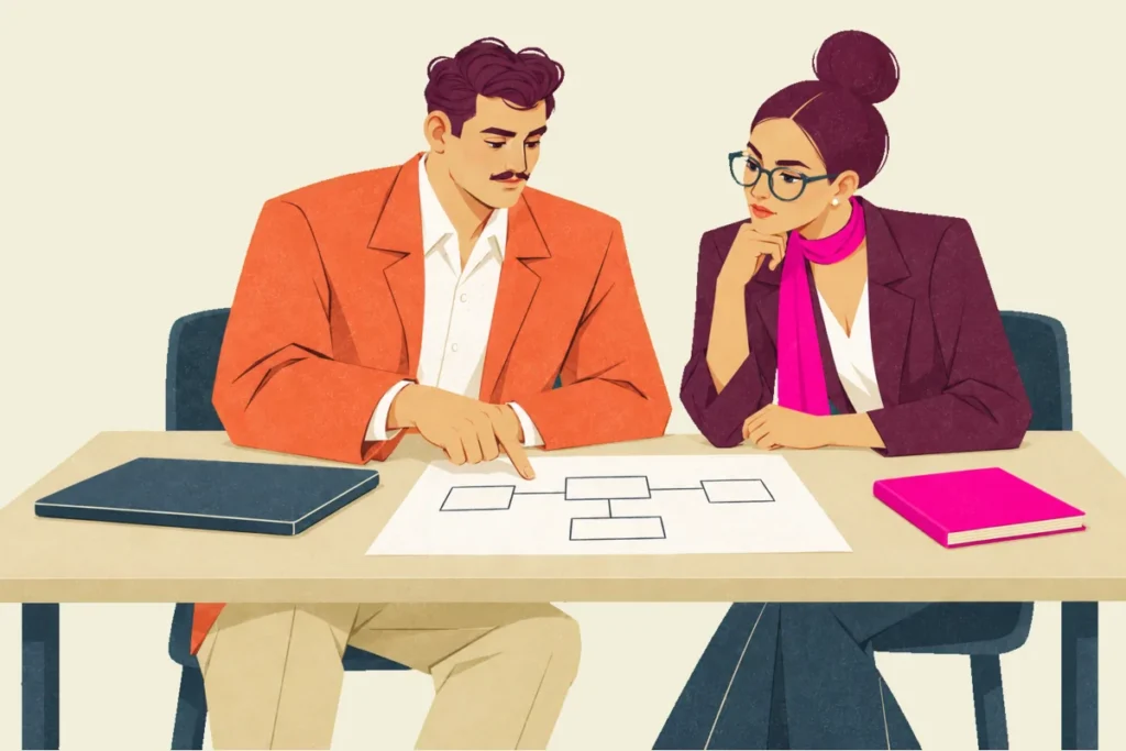 Ivo explains a hand-drawn plan across a table to Mira, with a closed laptop set aside.