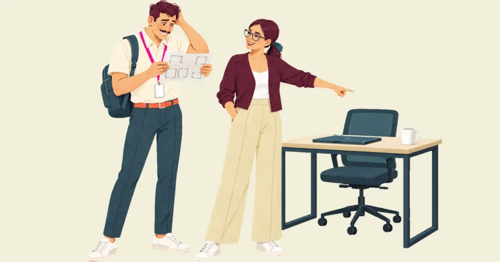 Ivo holds a floor plan upside down while Noor smiles and points him toward a desk.