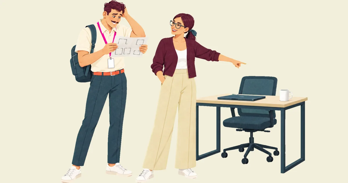 Ivo holds a floor plan upside down while Noor smiles and points him toward a desk.