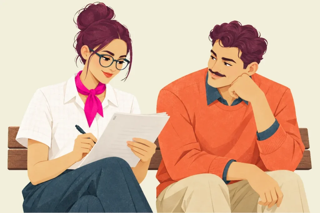 Illustration of Noor and Ivo side by side on a wooden bench, Noor smiling as she marks a thin stapled set of pages with a pen, while Ivo, chin resting on his hand, watches her with a hopeful half smile.