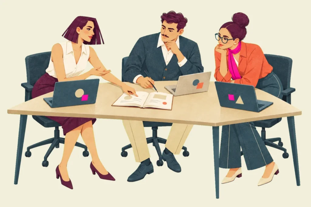 Illustration of Mira, Ivo and Noor comparing one open project guide across three laptops at a shared table.