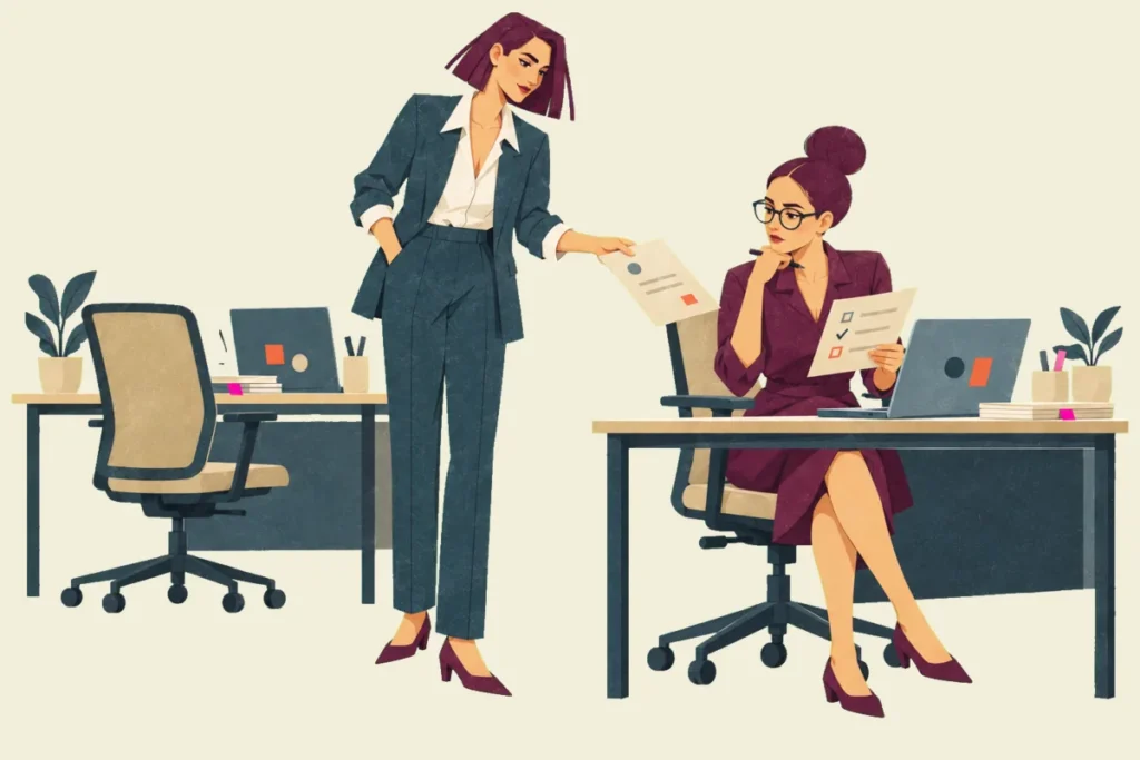 Illustration of Mira handing a review sheet to Noor, who compares it with a checklist between two workstations.
