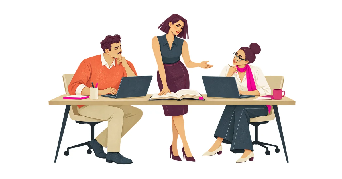 Mira discusses an open book between Ivo and Noor as they work at separate laptops around one office table.