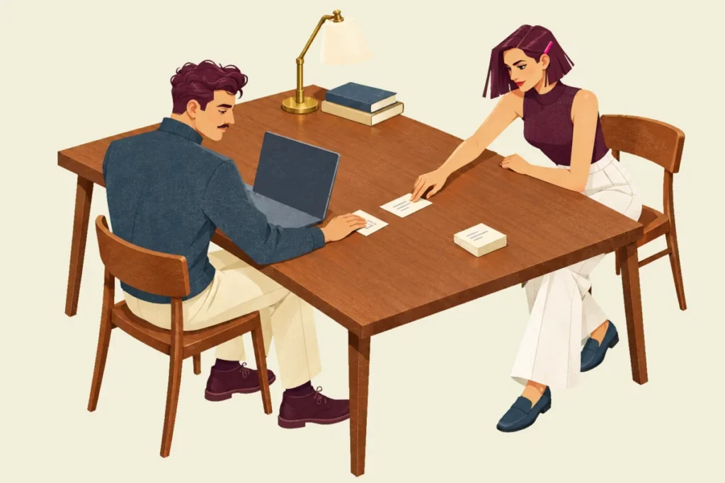 Illustration of Ivo at a wooden library table with his laptop open, pressing one index card flat beside it, while Mira across the table slides the next card toward him past a small stack of cards, a brass desk lamp and two books.