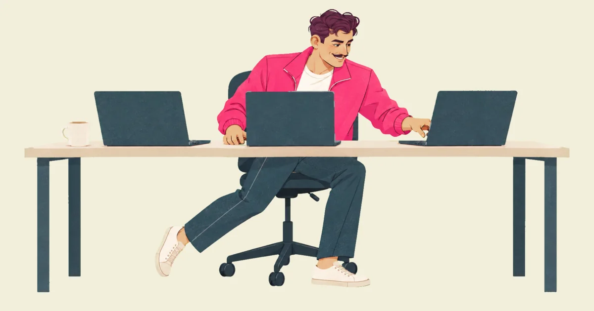 Illustration of Ivo gliding on a rolling office chair along a long desk with three open laptops seen from behind their lids, one hand still by the middle laptop as he reaches, grinning, for the one on the right.