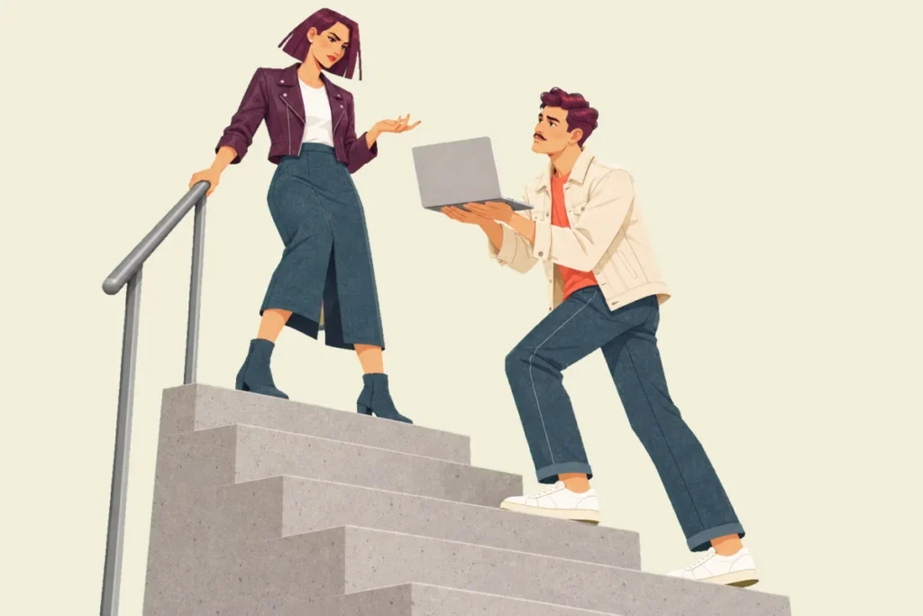 Illustration from a few steps below of Mira at the top of a concrete staircase, one hand on the rail and the other turned up in a sceptical gesture, as Ivo climbs toward her holding out an open laptop with an earnest look.