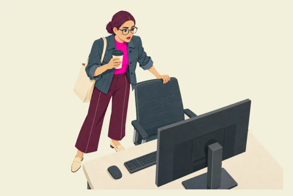 Illustration seen from above and behind a desk monitor of Noor, tote bag on her shoulder and takeaway cup in one hand, gripping the back of her chair and staring at the screen in alarm.