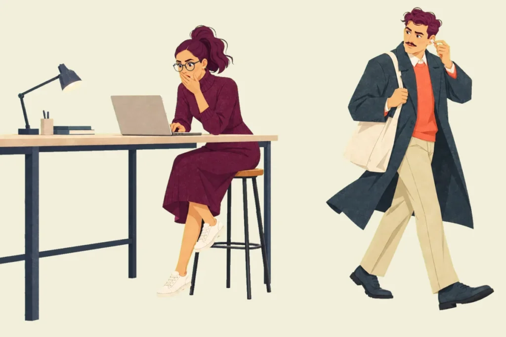 Illustration of Noor on a tall stool at a long desk, hand over her mouth in alarm at her laptop, while Ivo, in his coat and walking out, turns his head back and pulls out an earbud.