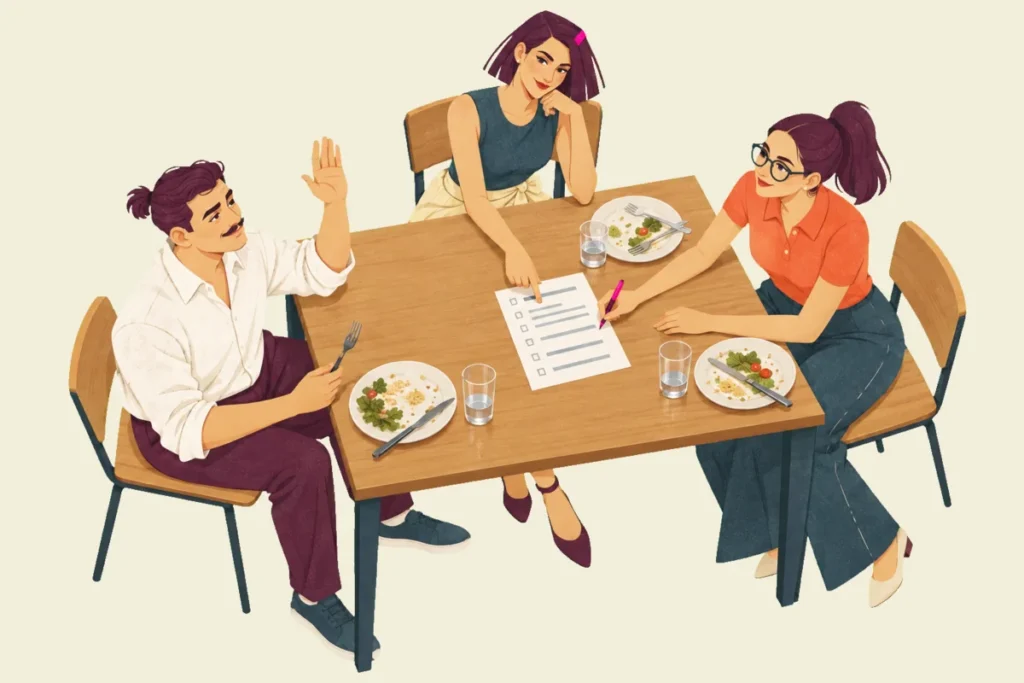 Illustration from above of Mira, Ivo and Noor at a lunch table with finished plates around a printed checklist; Noor holds a pen to the sheet while Mira points at one line and Ivo, fork in hand, raises his other hand to volunteer.