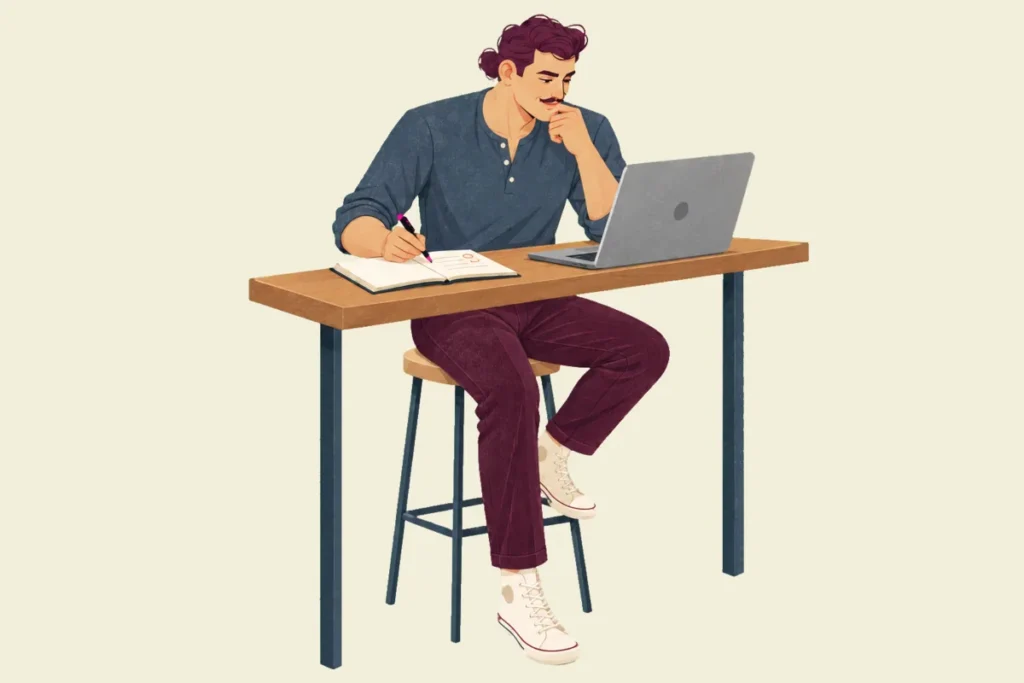Illustration of Ivo alone on a high stool at a narrow wooden counter, hand at his chin as he looks at his laptop, his pen pressed to an open notebook beside it.
