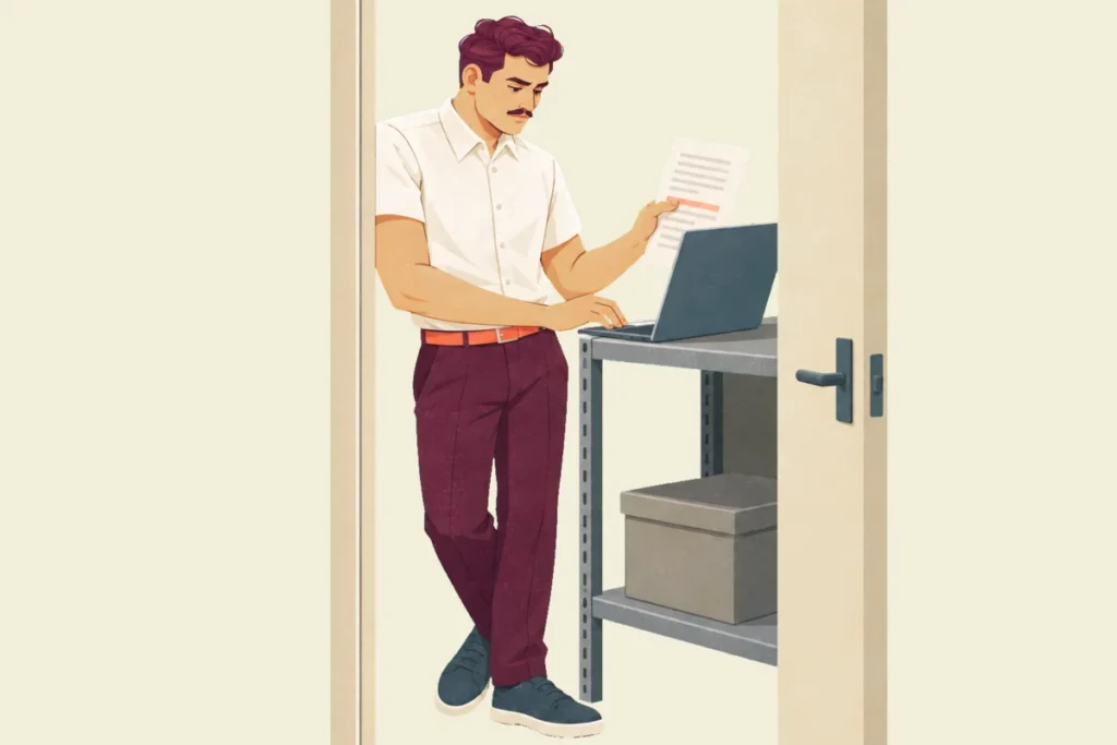 Illustration of Ivo standing in the doorway of a storage room, typing on a laptop set on a metal shelf while holding up a printed page with one highlighted line.