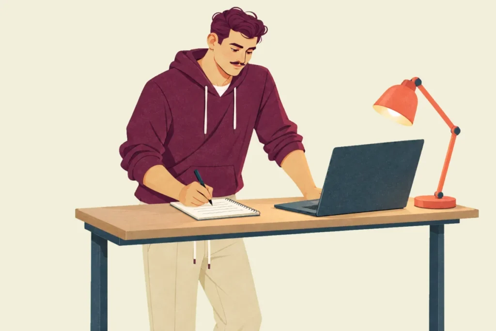 Illustration of Ivo standing at a wooden desk under a lit orange lamp, writing in a spiral notepad beside his open laptop, calm and faintly smiling.