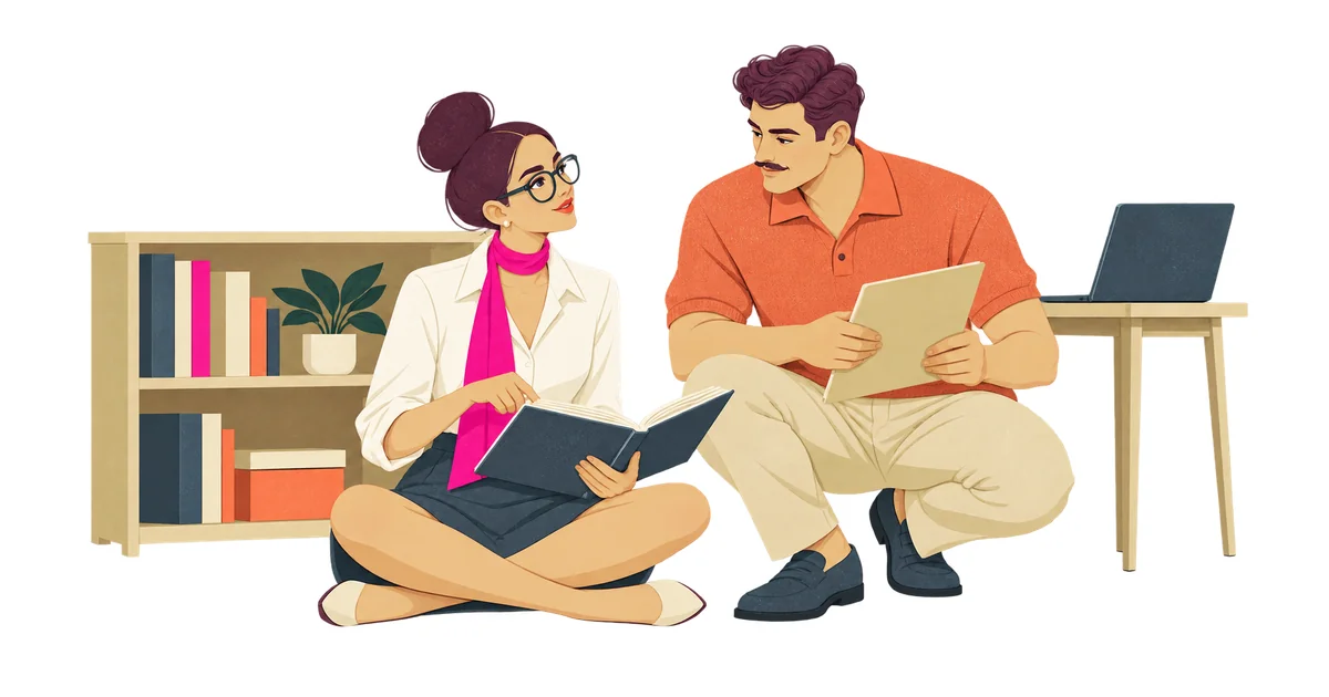 Noor consults a book beside an office bookshelf while Ivo studies a folder, selecting the context needed for their work.