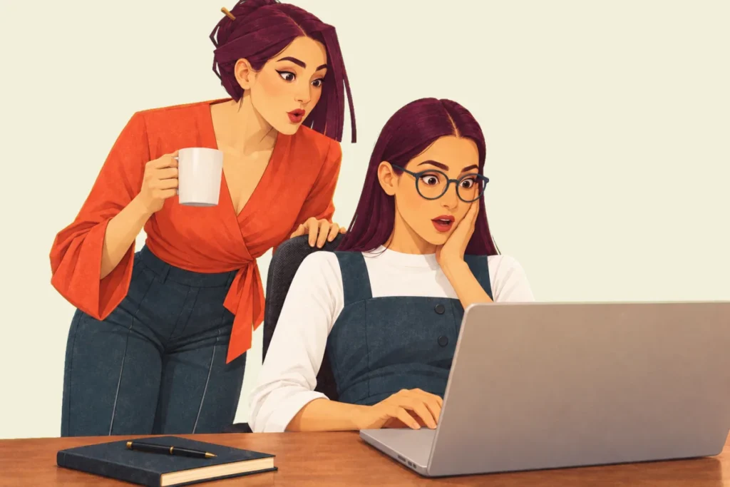Illustration of Noor staring at her laptop in disbelief with a palm pressed to her cheek while Mira, holding a mug, leans over her shoulder to look at the screen.