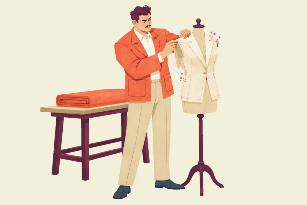 Ivo pins the shoulder seam of a pale test jacket on a dress form beside a table holding folded coral fabric.