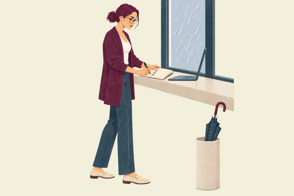 Illustration in profile of Noor standing at a rainy office window beside an umbrella stand, laptop open on the wide sill, writing tally marks in a notebook.