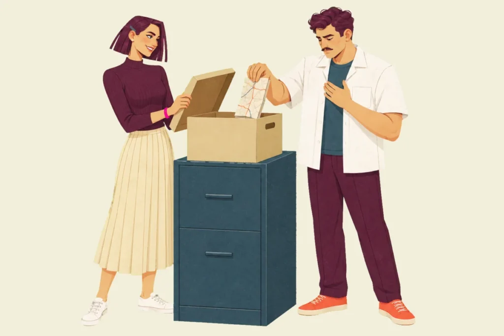 Illustration of Ivo, one hand on his chest and a mock-solemn face, lowering a folded paper map into a cardboard archive box on a two-drawer filing cabinet while Mira lifts the lid and grins at him.