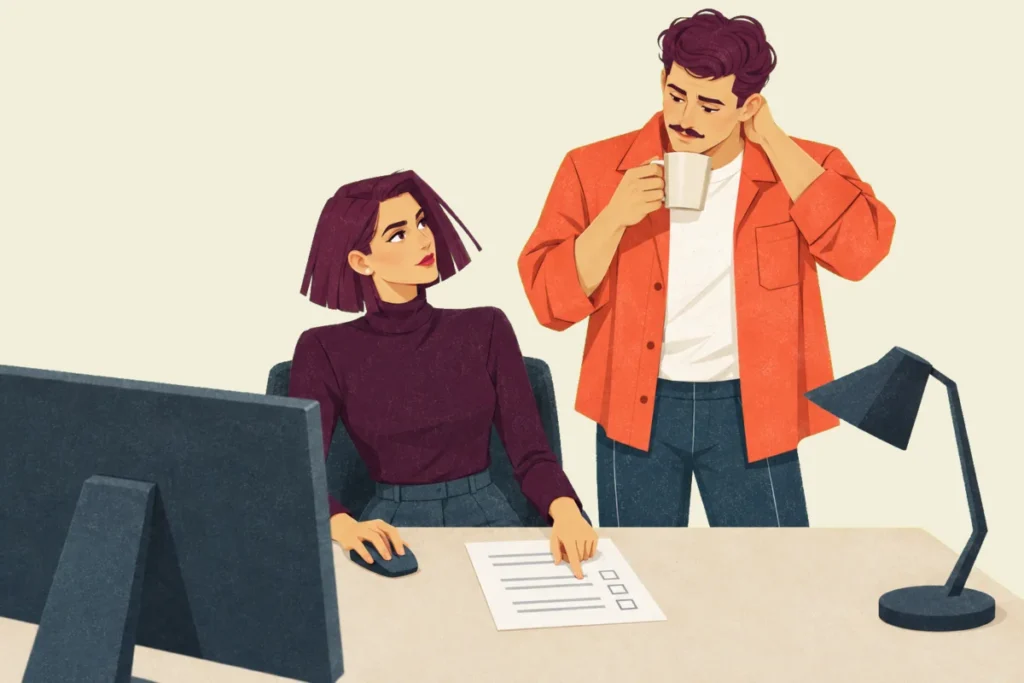 Illustration of Mira at a monitor, one hand on the mouse and a finger on a printed task note, looking up in recognition at Ivo, who stands behind her with his mug raised and his hand at the back of his neck.