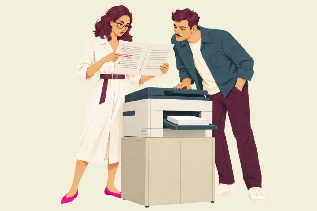 Illustration of Noor beside an office printer holding a marked-up page and a clean page side by side, while Ivo leans on the printer lid to see which line moved.