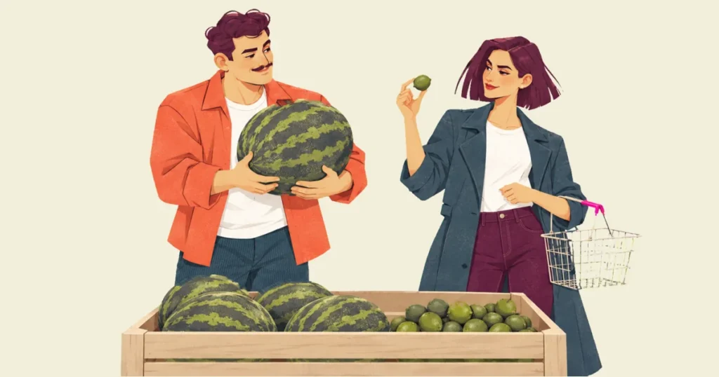 Illustration of Ivo behind a wooden produce crate of watermelons and limes, cradling a large watermelon, while Mira, a wire shopping basket in one hand, holds up a single lime and smiles at him.