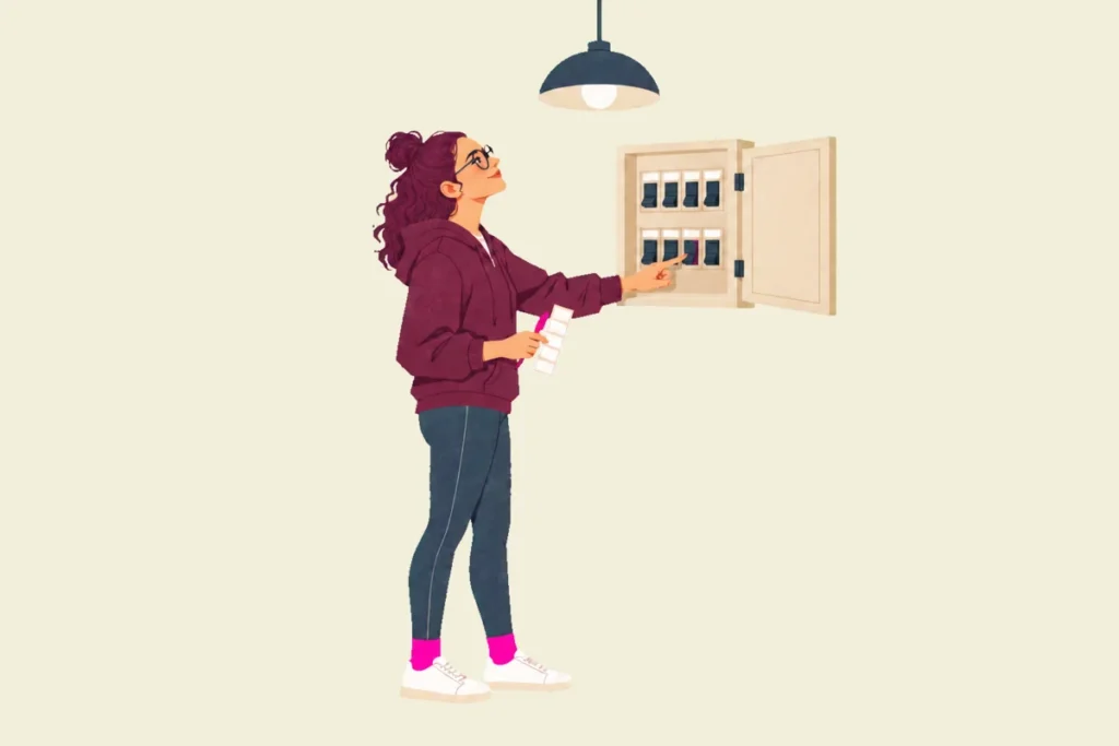 Noor looks up at a hanging lamp while pressing a switch in an open fuse box and holding a pink pen with a blank label strip.