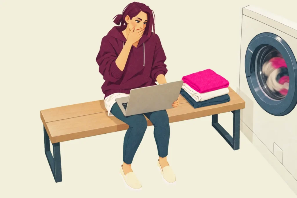 Illustration of Mira alone on a bench beside a running washing machine, laptop on her knees and a folded pile of washing next to her, one hand pressed to her mouth as she stares at the screen.