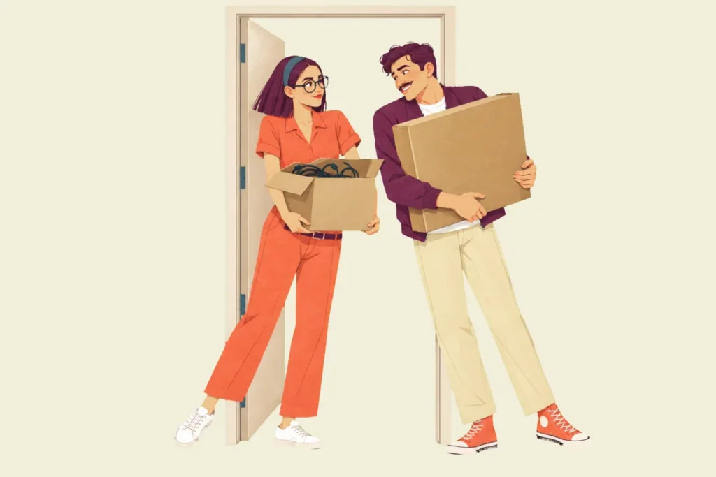 Illustration of Noor and Ivo squeezed side by side in one doorway, each carrying a cardboard box, smiling at each other as neither can get through.