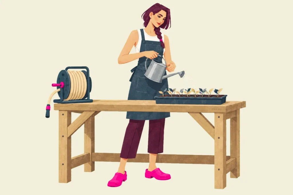 Illustration of Mira in a denim apron at a wooden potting bench, watering one tray of seedlings from a small metal can, a garden hose left coiled on its reel at the other end of the bench.