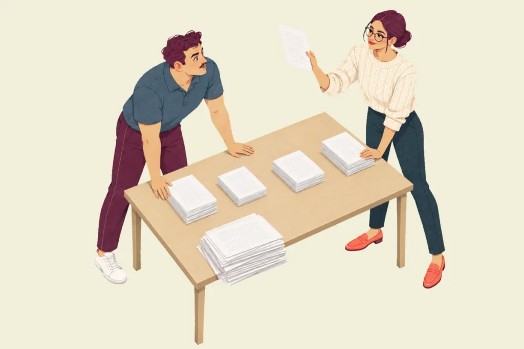 Illustration seen from above of Noor and Ivo leaning on a wooden table laid out with four neat stacks of printed pages and one larger untidy pile, Noor holding one sheet up as Ivo looks at it in surprise.