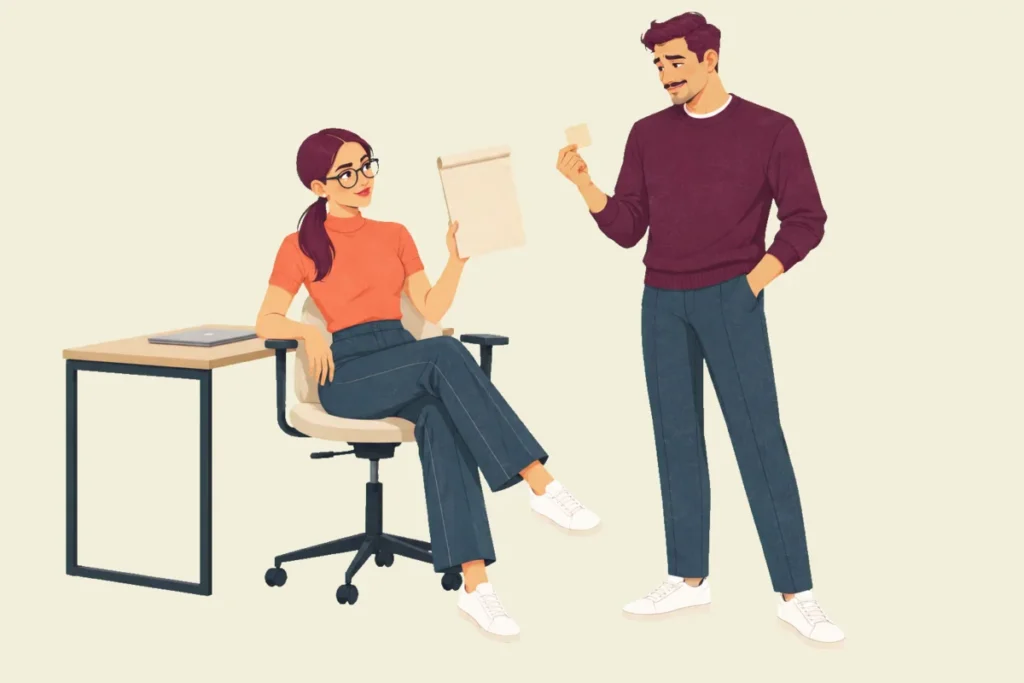 Illustration of Noor turned in her desk chair, holding up a blank legal pad toward Ivo, who stands with one hand in his pocket and holds out a single sticky note with a sheepish smile.