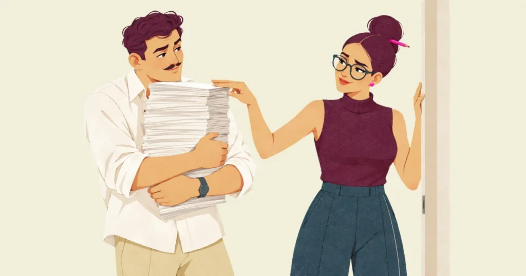 Illustration of Ivo hugging a tall stack of printed pages to his chest with a sheepish smile while Noor, one hand on a door frame, rests her fingertips on top of the stack and gives him an amused sideways look.