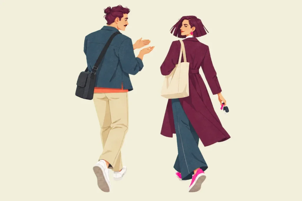 Illustration from behind of Mira and Ivo walking side by side, Ivo explaining with both palms open while Mira glances back at him with a wry smile, car keys in hand.