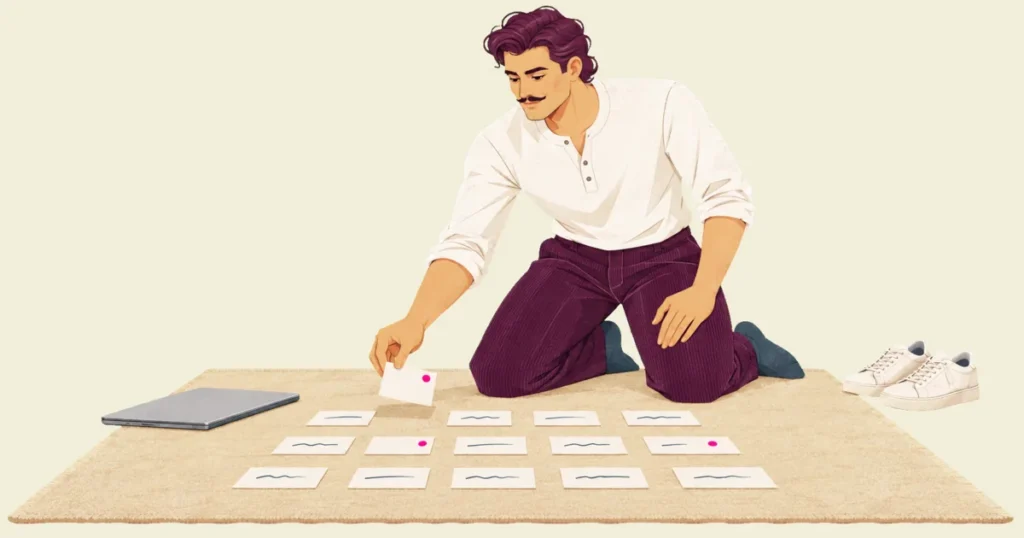Ivo kneels in socks on a rug laid out with rows of index cards, holding one card above the rows as he decides where it goes, a closed laptop at one edge of the rug and his trainers beside it.