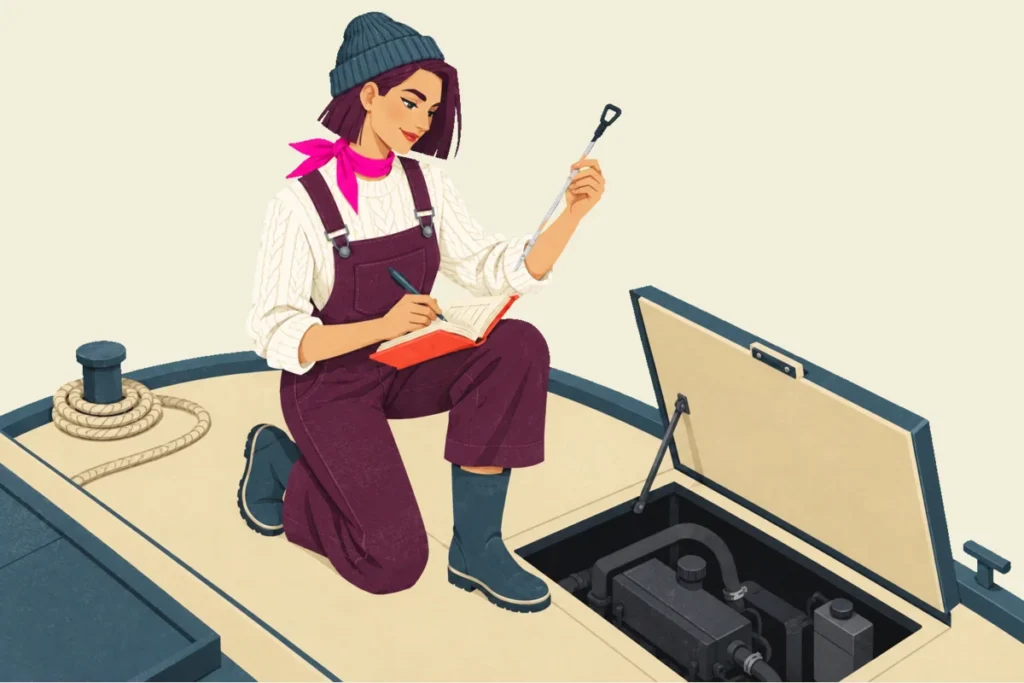 Mira kneels beside an open boat engine hatch, holding an oil dipstick while writing in a coral logbook on her knee.