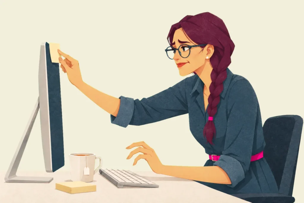 Illustration of Noor at her desk in profile, one hand over the keyboard while the other presses a blank sticky note onto the edge of her monitor, with a wry, restrained expression.