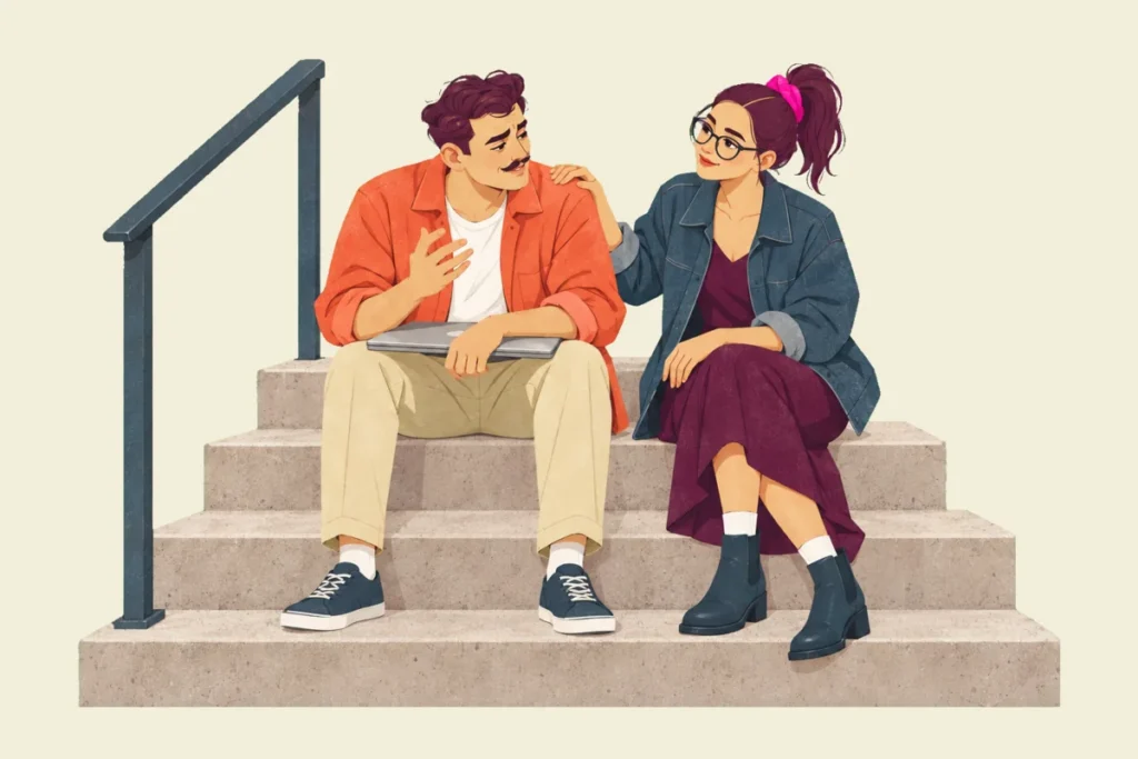 Illustration of Noor seated beside Ivo on a flight of concrete steps by a metal handrail, her hand on his shoulder, as he talks with one hand raised and his closed laptop resting on his knees.