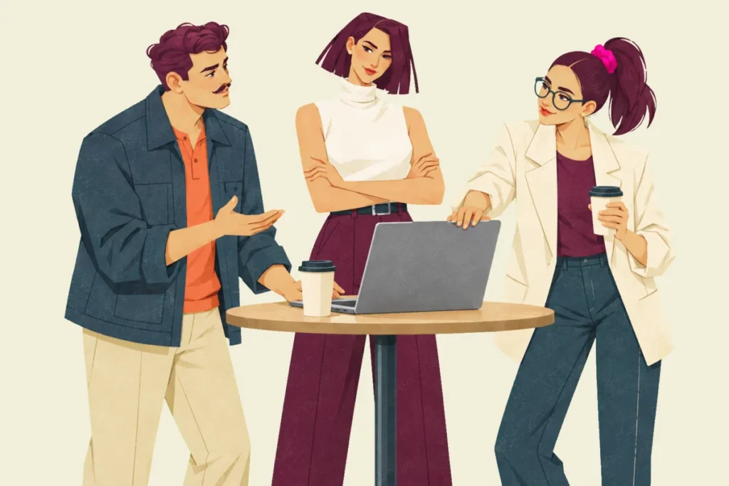 Illustration of Ivo, Mira and Noor standing at a small round table around a laptop, Ivo explaining with an open hand, Mira listening with her arms folded and Noor resting her fingers on the laptop lid while holding a coffee cup.