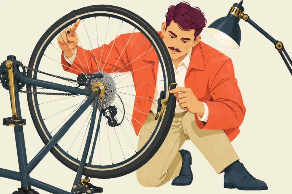 Ivo crouches beside an upturned bicycle, spinning its back wheel and checking the brake pad.