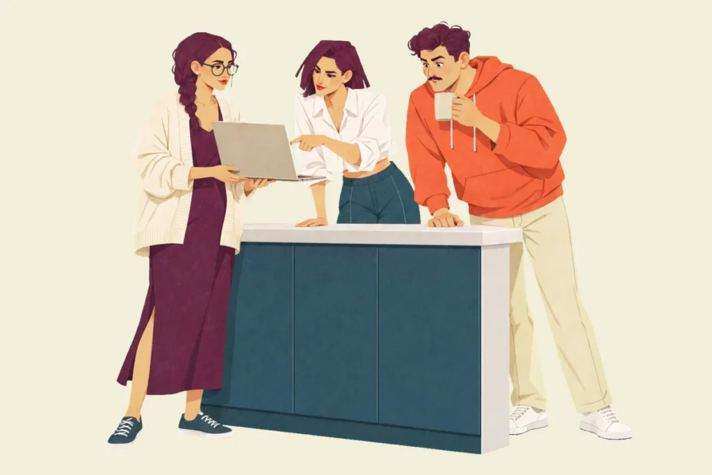 Illustration of Noor, Mira and Ivo at a kitchen island, Noor holding her laptop toward the others while Mira points at the screen and Ivo, a mug at his lips, leans in to look.