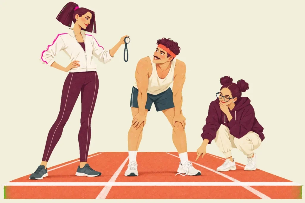 Mira holds up a stopwatch beside Ivo, who bends over at a finish line, while Noor crouches and points at his untied shoelace.